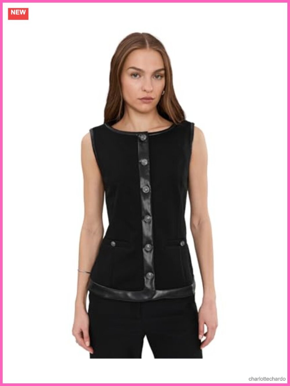Boatneck Vest with Faux Leather Trim Sleeveless Button Front Vest